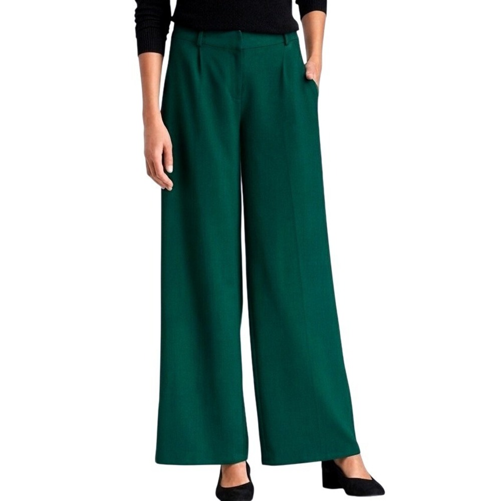 Eileen Fisher Drapery Tencel Stretch Wide Leg Trousers Women MP Pine Green EUC
